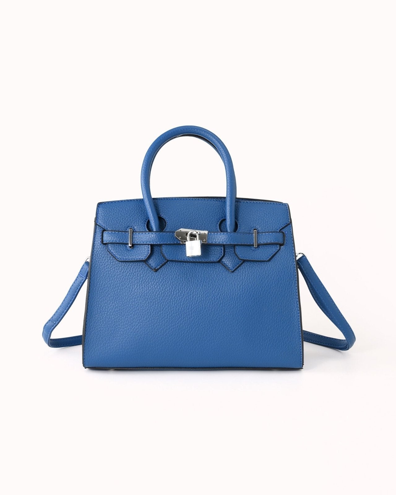 Blauwe handtas met zilverkleurige details en slotje